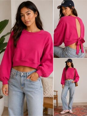 Anthropologie Pilcro Open Back Tie Sweatshirt Pink Balloon Sleeve Crop Small EUC